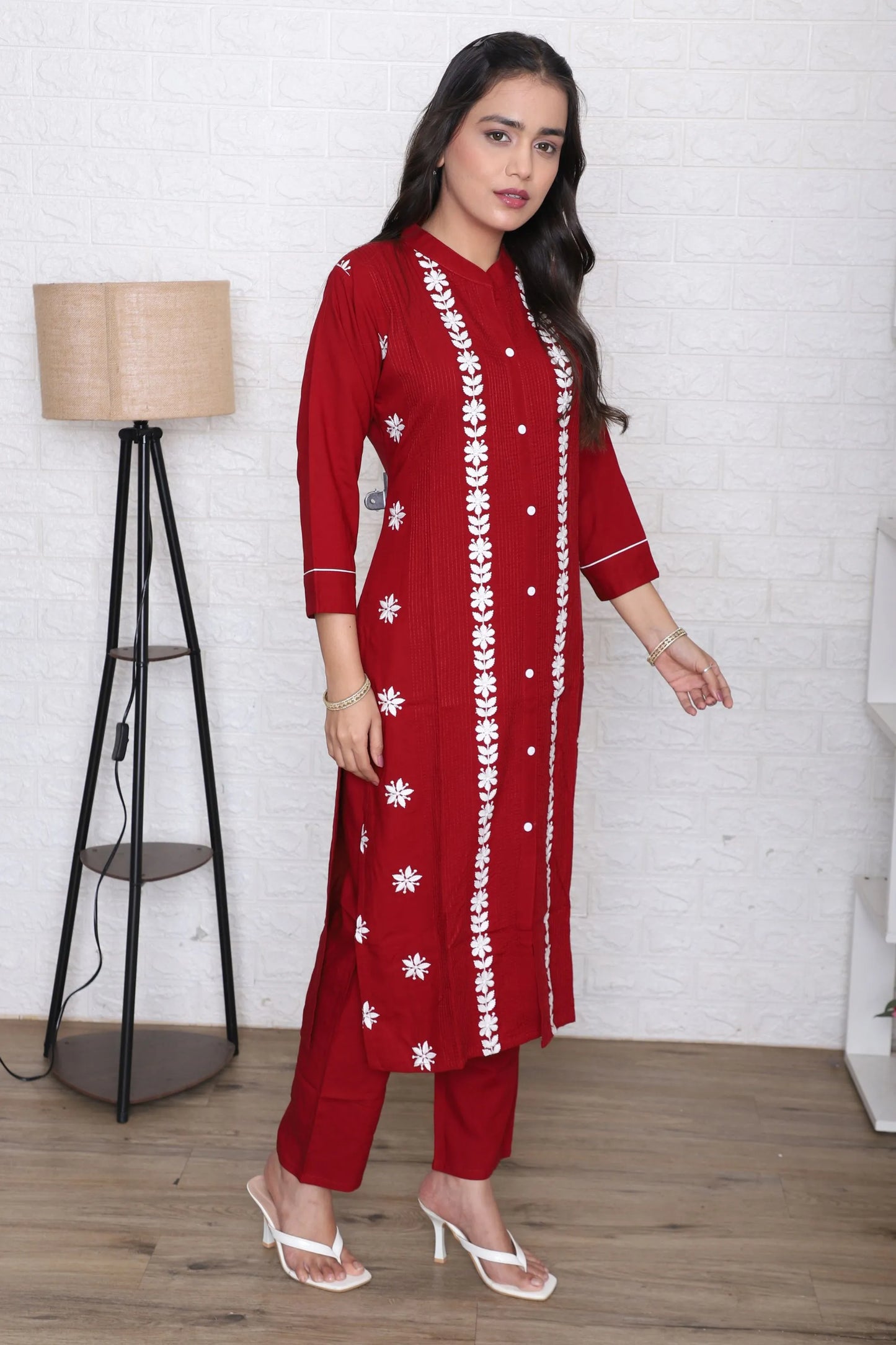 Crimson Floral Embroidered Kurta Set