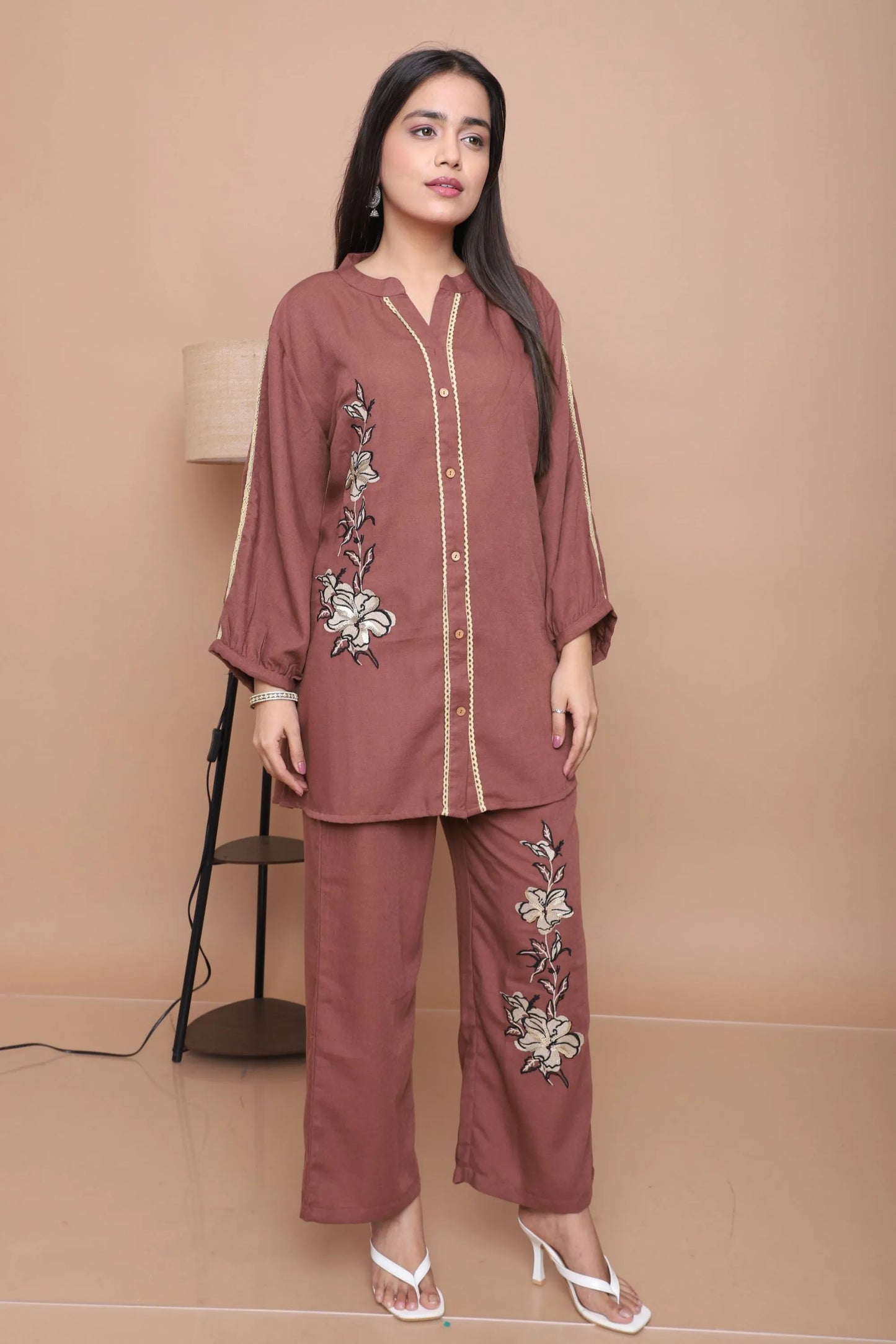 Mocha Floral Appliqué Co-Ord Set