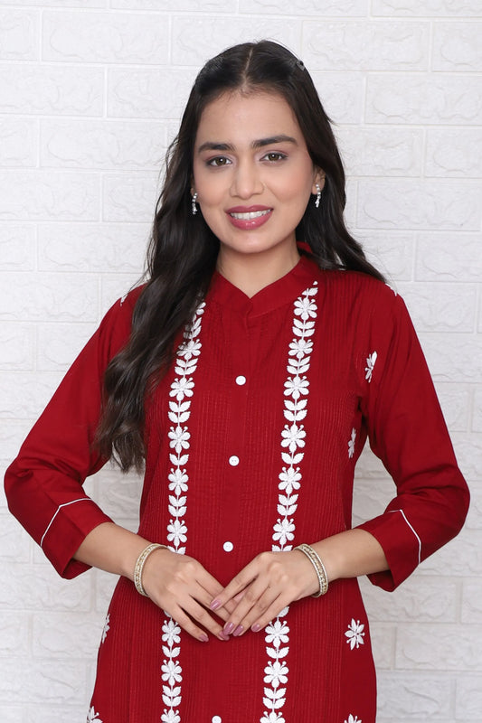 Crimson Floral Embroidered Kurta Set