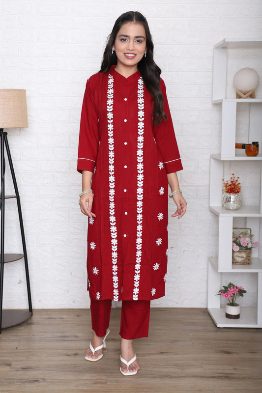 Crimson Floral Embroidered Kurta Set