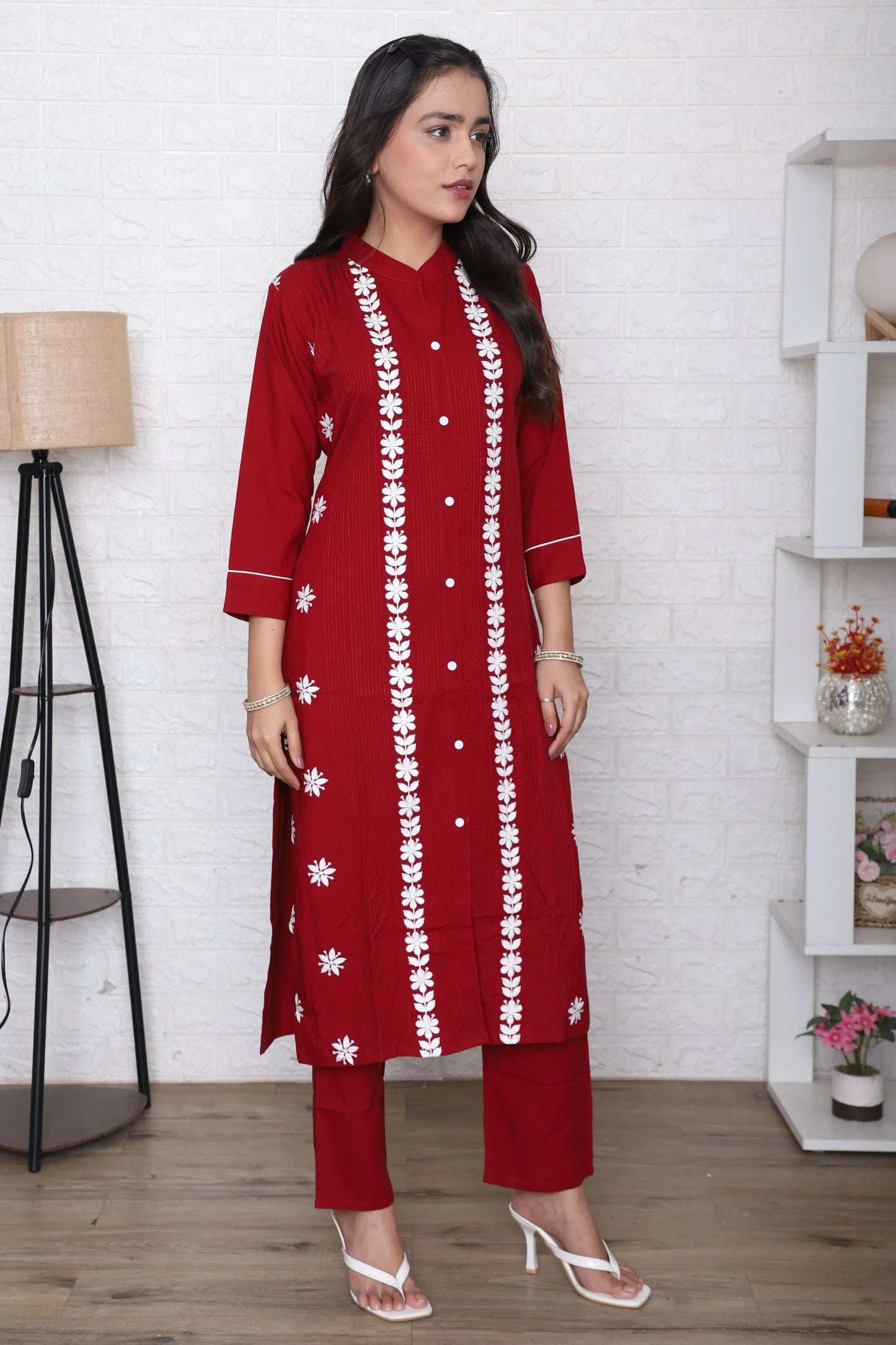 Crimson Floral Embroidered Kurta Set