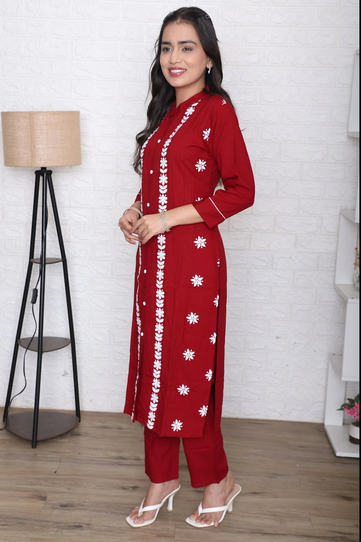 Crimson Floral Embroidered Kurta Set