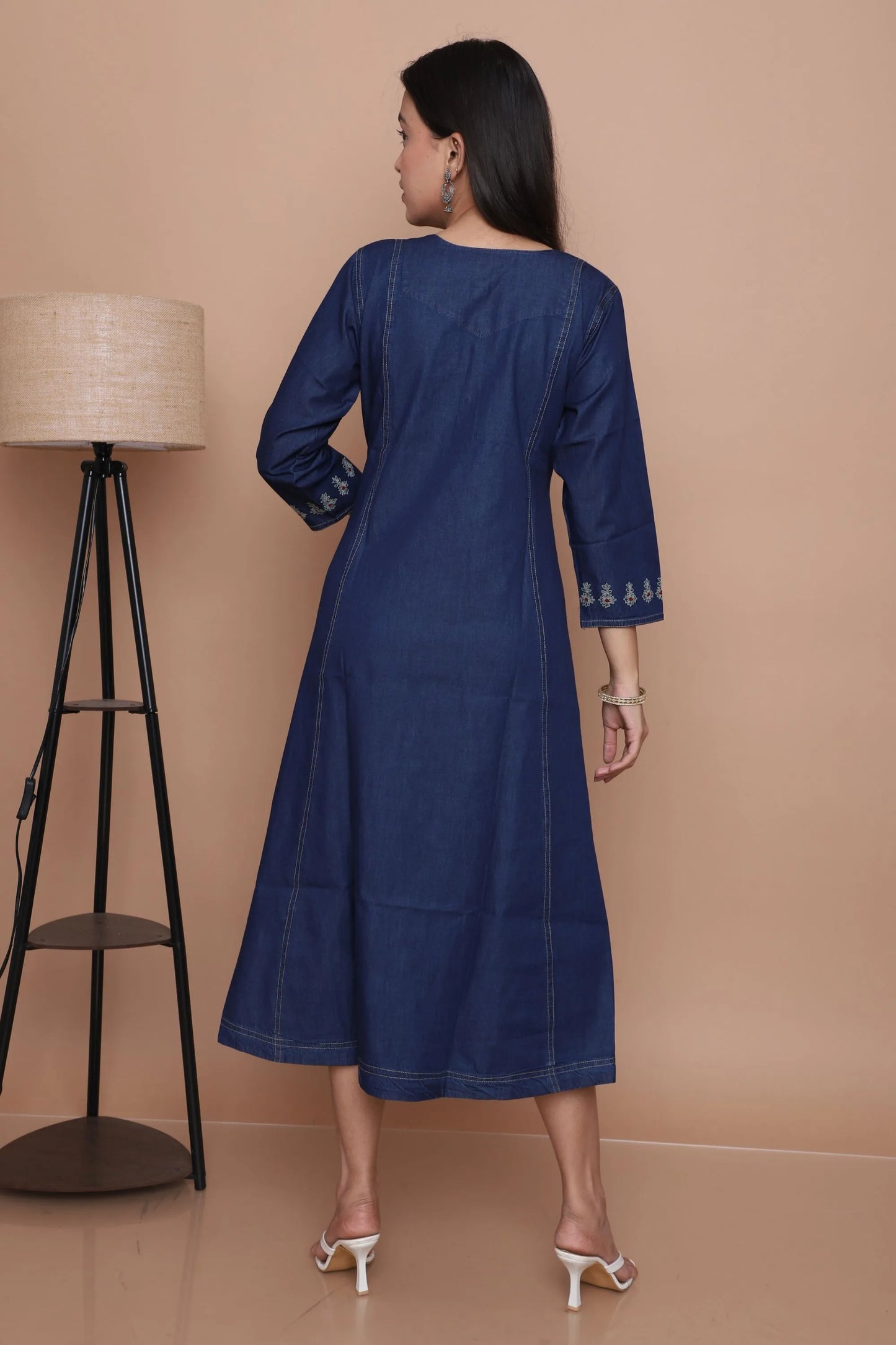 Navy Blue Embroidered A-Line Kurta