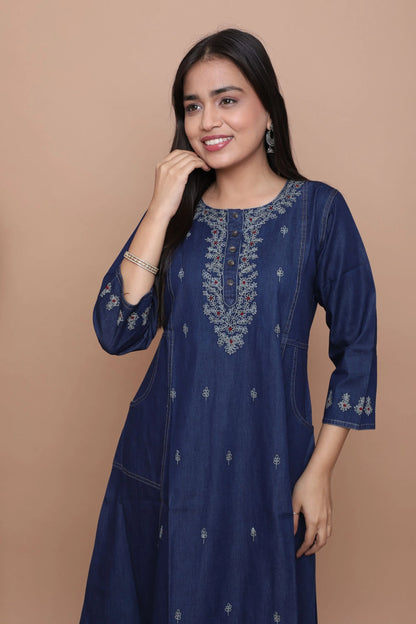 Navy Blue Embroidered A-Line Kurta
