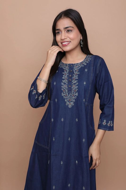 Navy Blue Embroidered A-Line Kurta