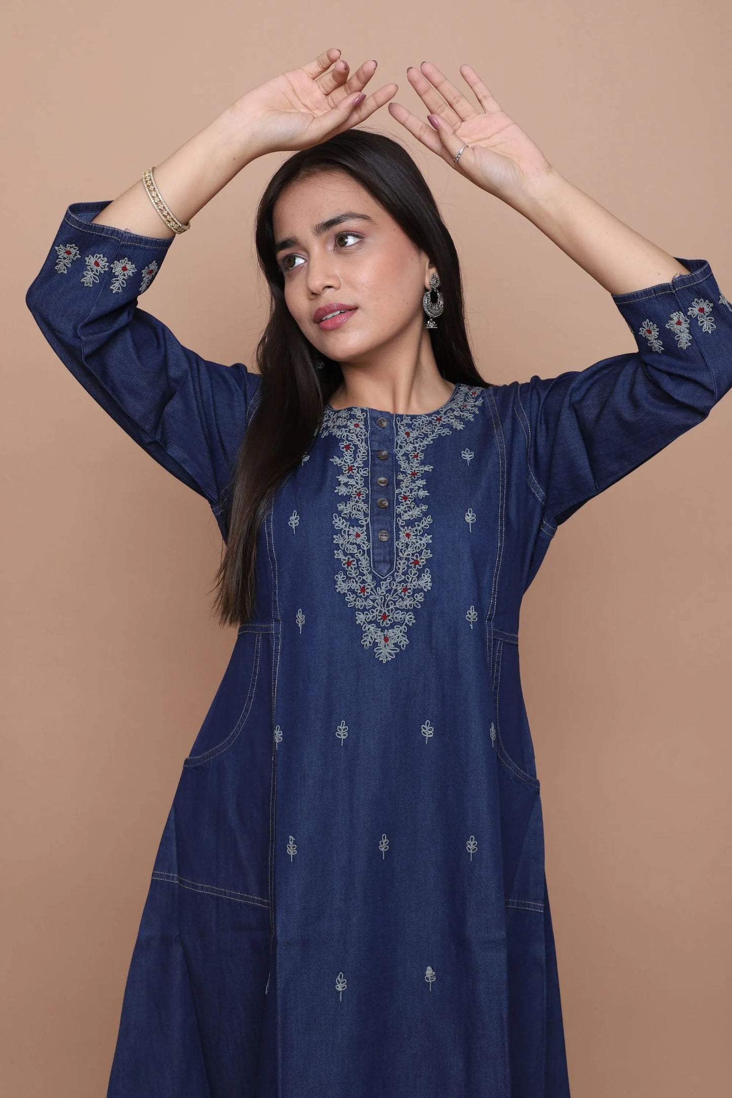 Navy Blue Embroidered A-Line Kurta