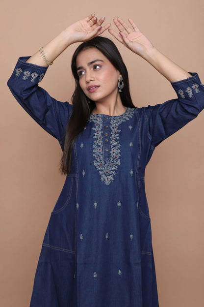 Navy Blue Embroidered A-Line Kurta