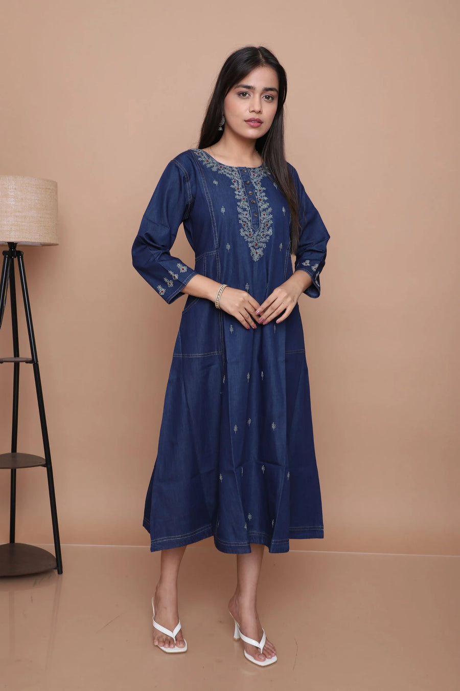 Navy Blue Embroidered A-Line Kurta