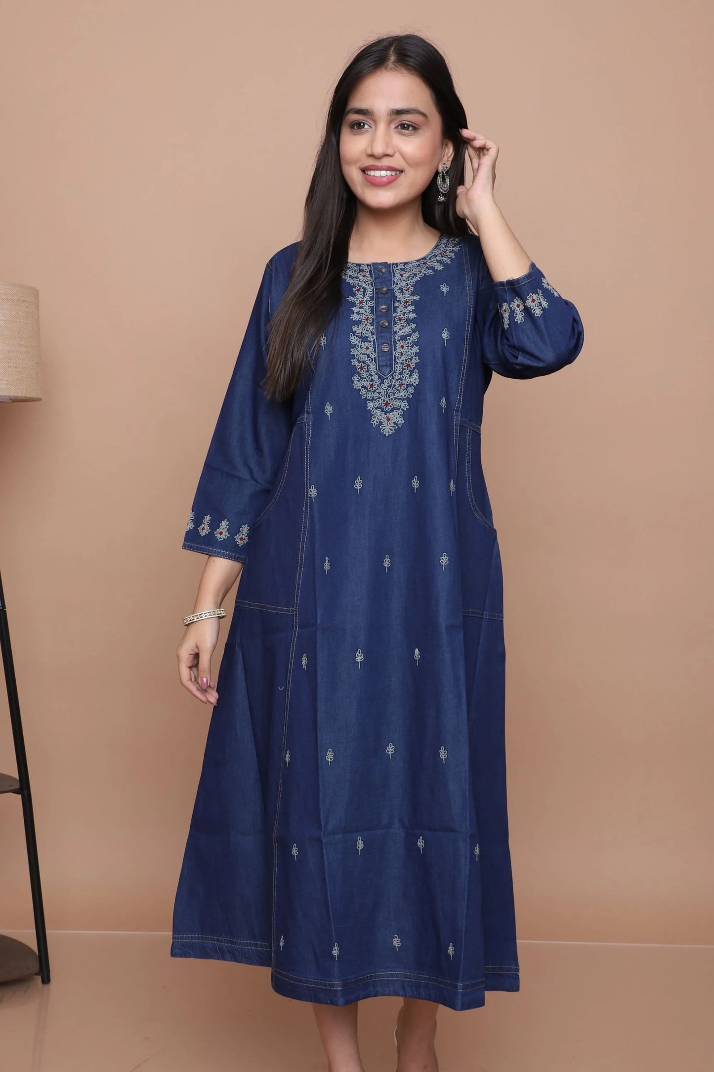 Navy Blue Embroidered A-Line Kurta