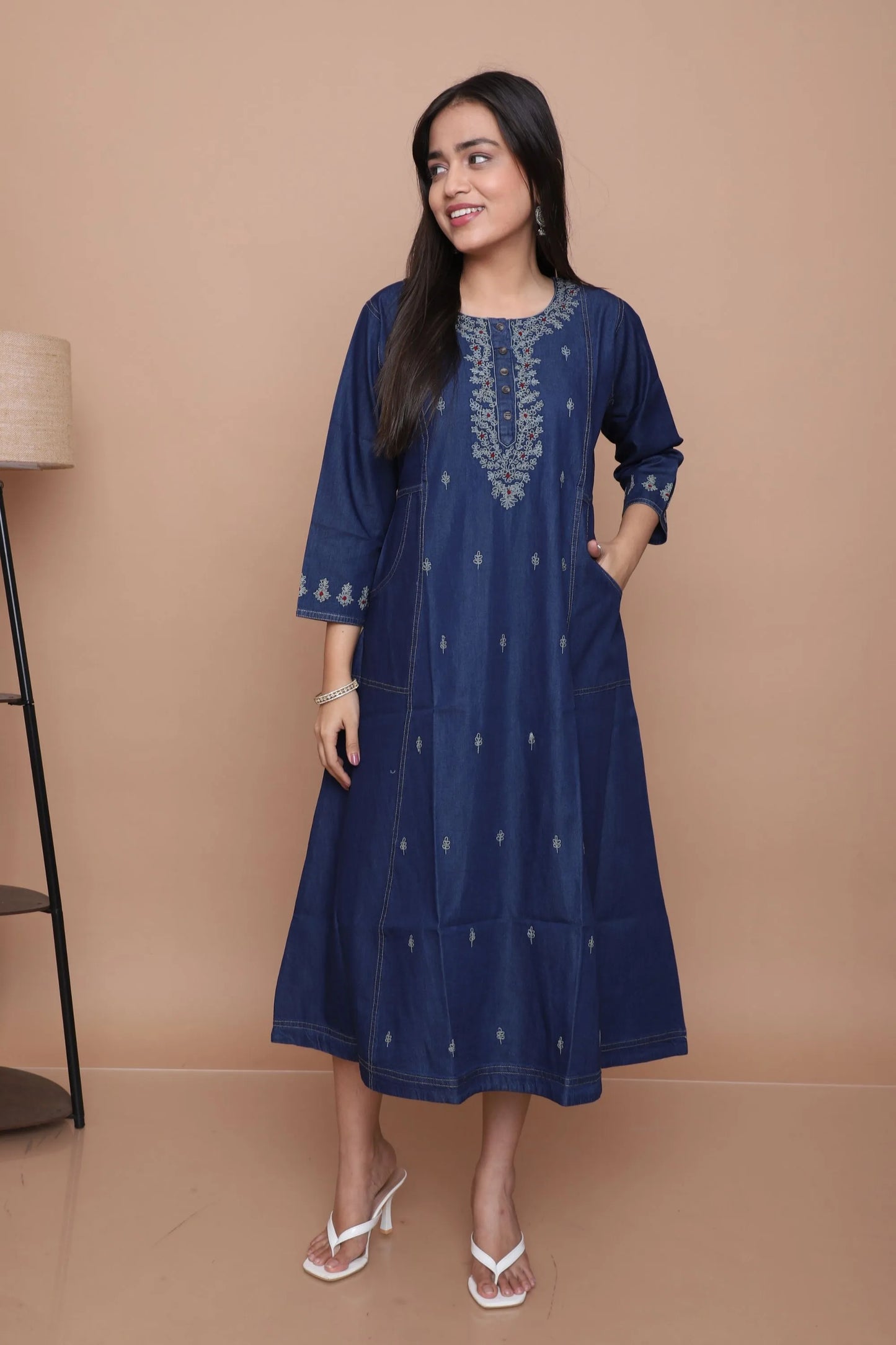 Navy Blue Embroidered A-Line Kurta