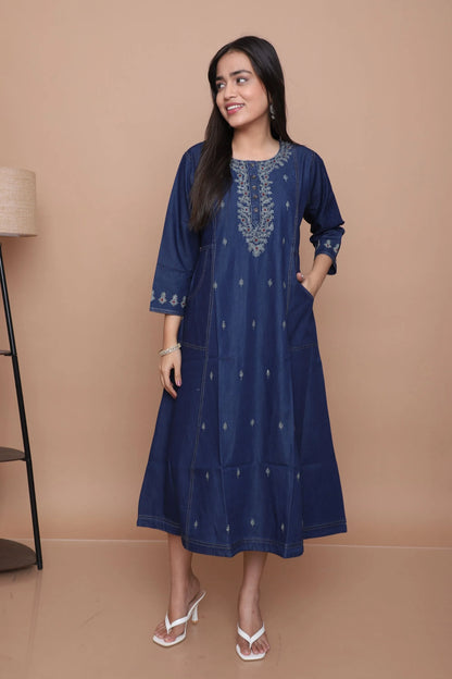 Navy Blue Embroidered A-Line Kurta