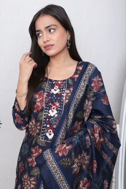 Navy Floral Printed Suit Set
