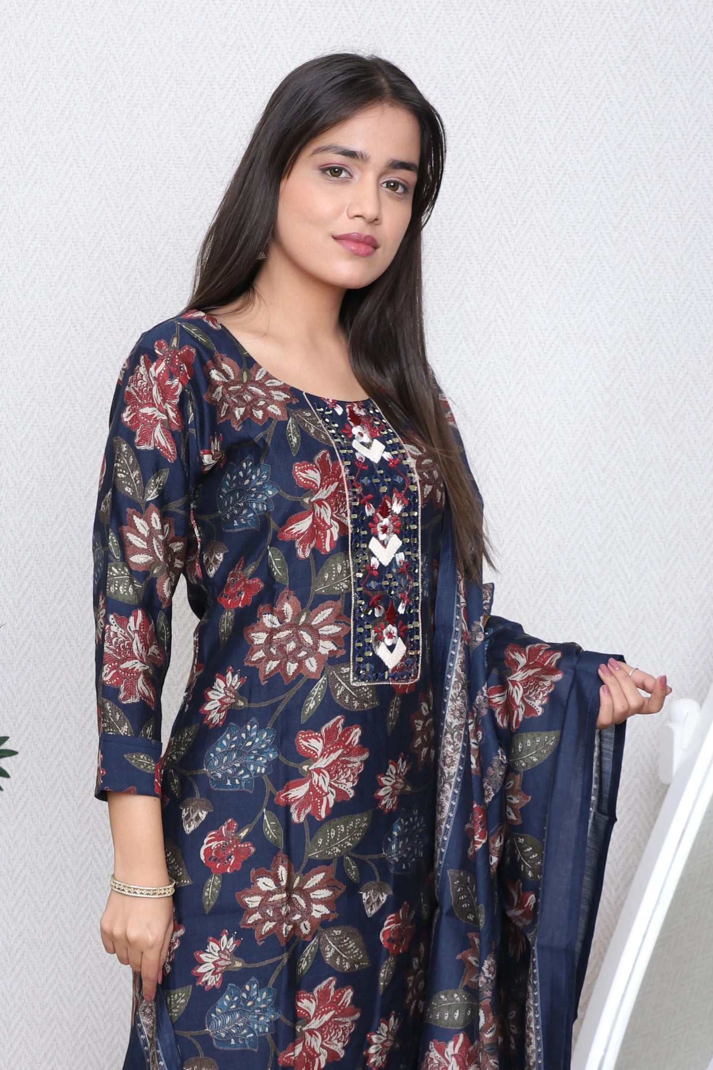 Navy Floral Printed Suit Set