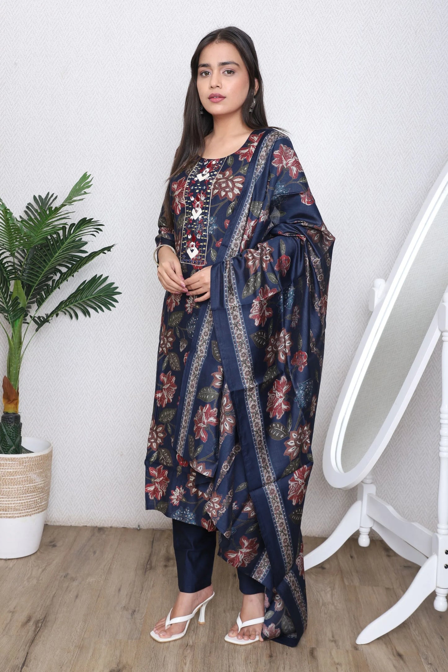 Navy Floral Printed Suit Set