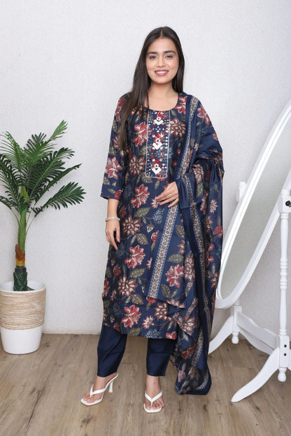 Navy Floral Printed Suit Set