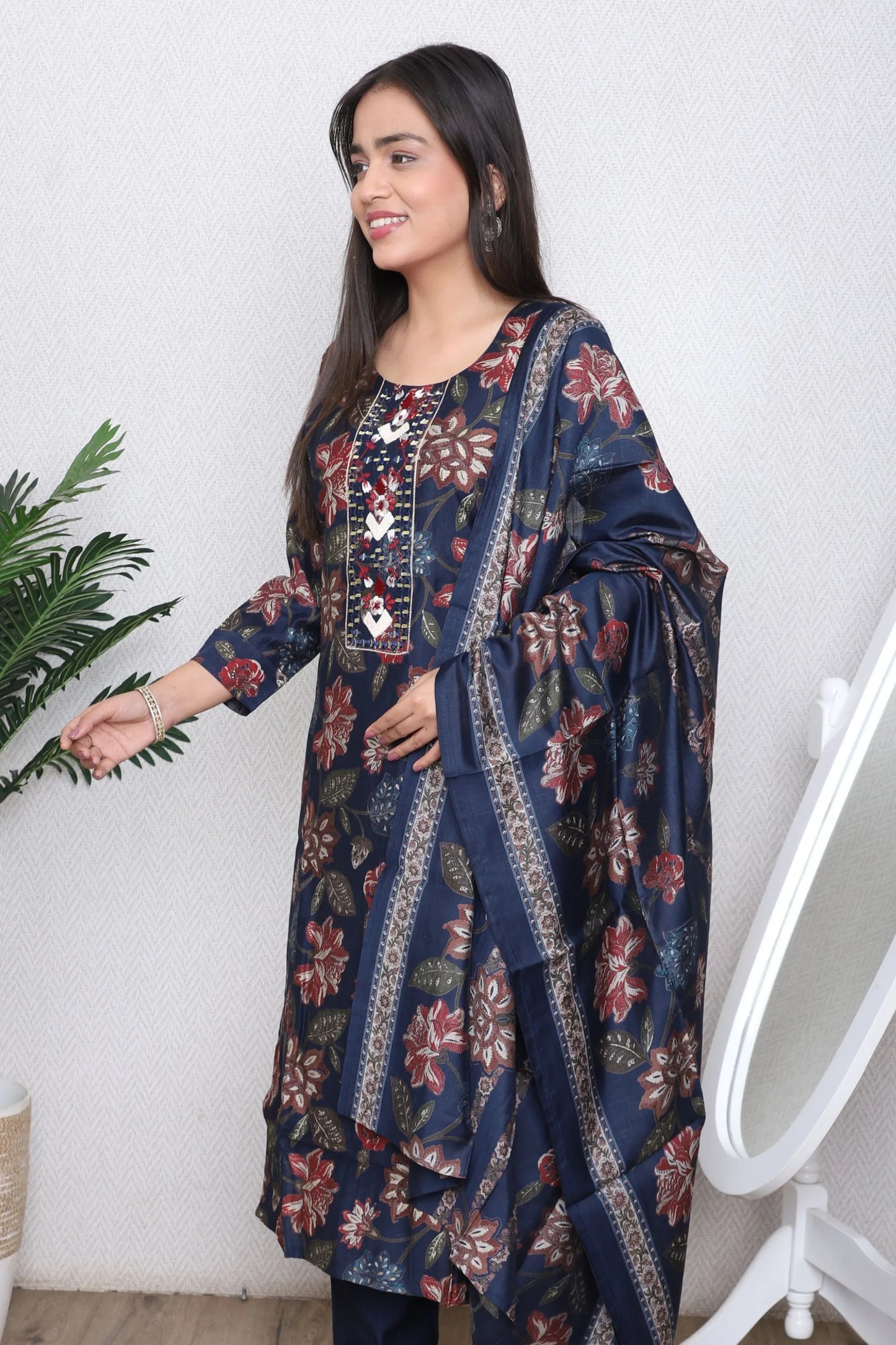 Navy Floral Printed Suit Set