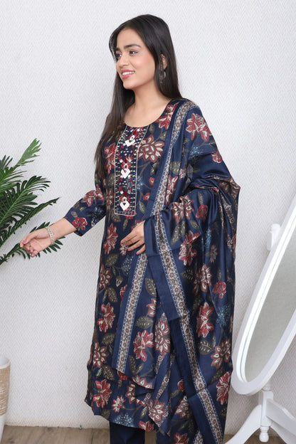 Navy Floral Printed Suit Set