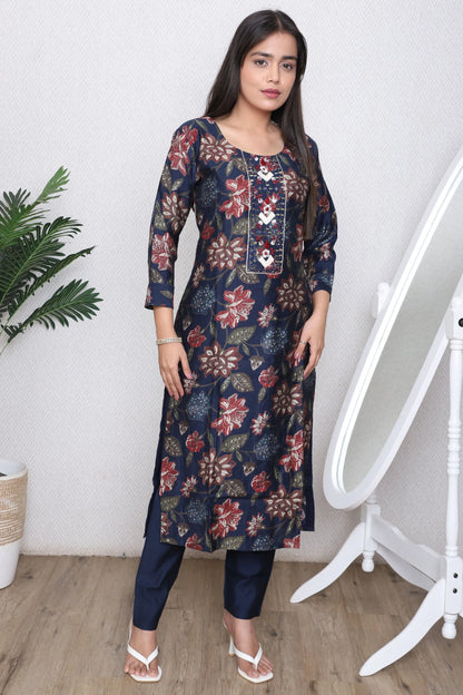 Navy Floral Printed Suit Set