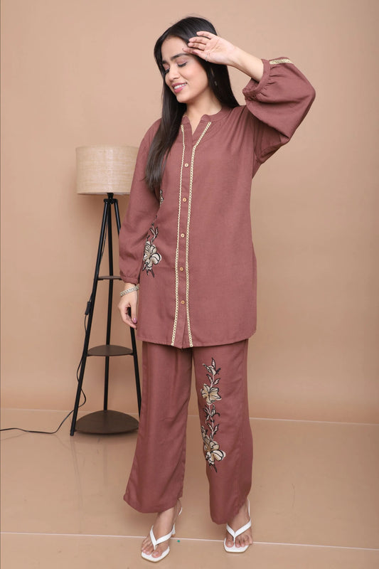Mocha Floral Appliqué Co-Ord Set