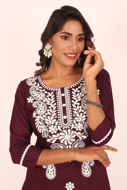 Wine Lucknowi Embroidered Kurta Set