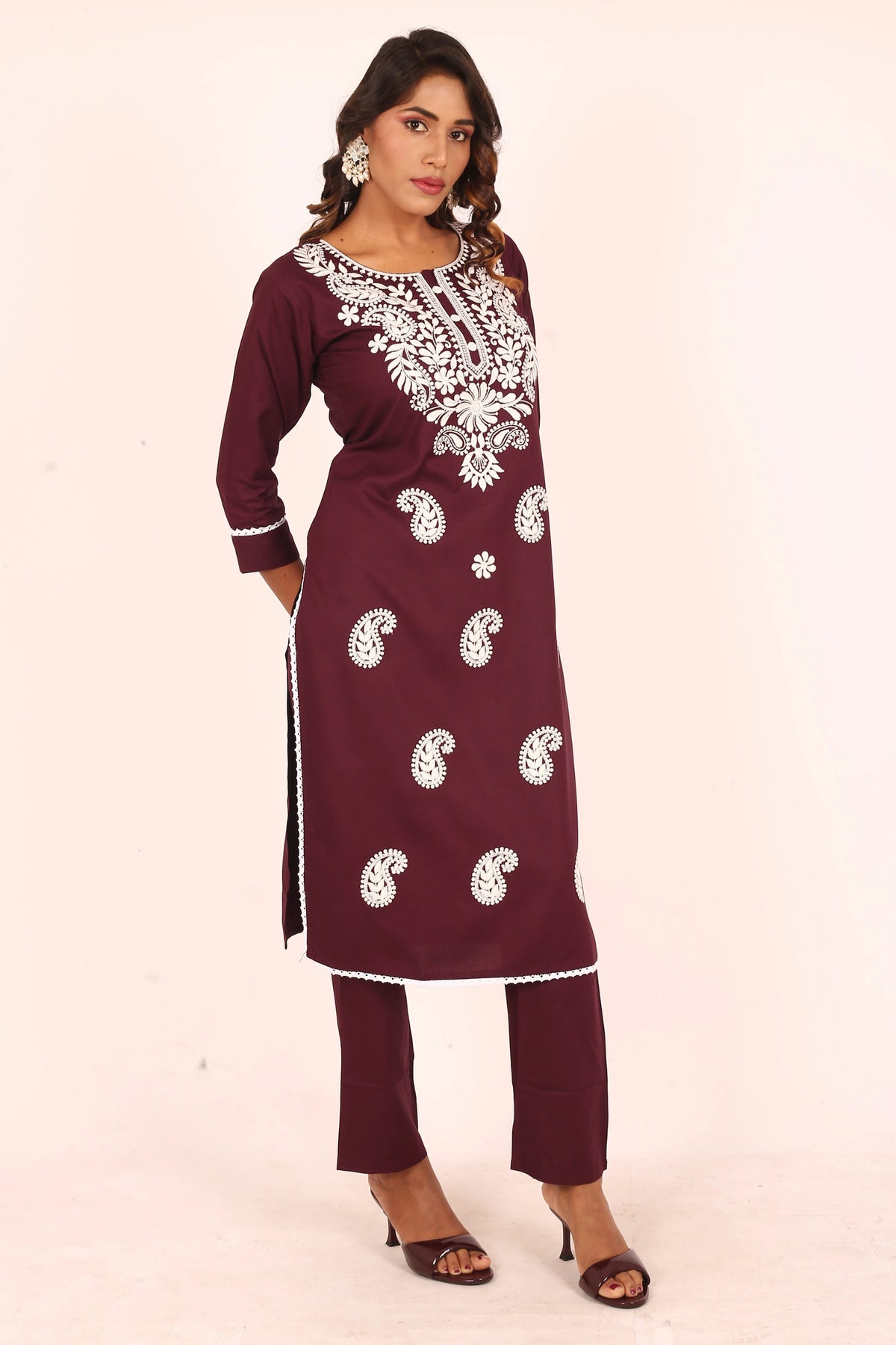 Wine Lucknowi Embroidered Kurta Set