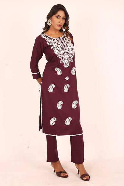 Wine Lucknowi Embroidered Kurta Set