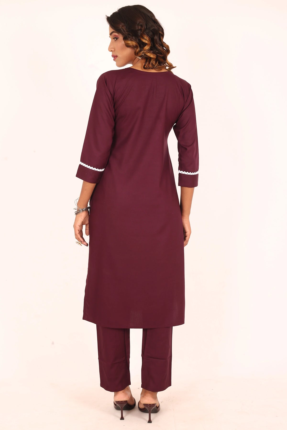 Wine Lucknowi Embroidered Kurta Set