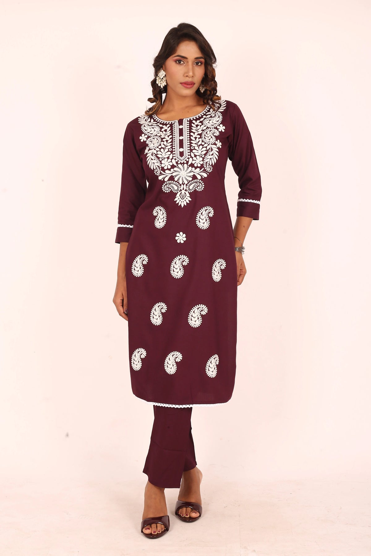 Wine Lucknowi Embroidered Kurta Set