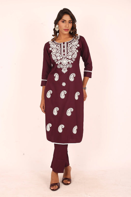 Wine Lucknowi Embroidered Kurta Set