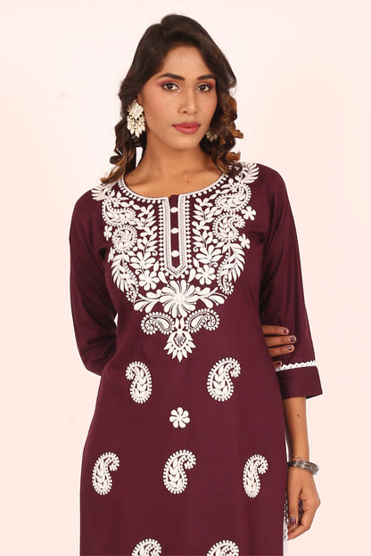 Wine Lucknowi Embroidered Kurta Set