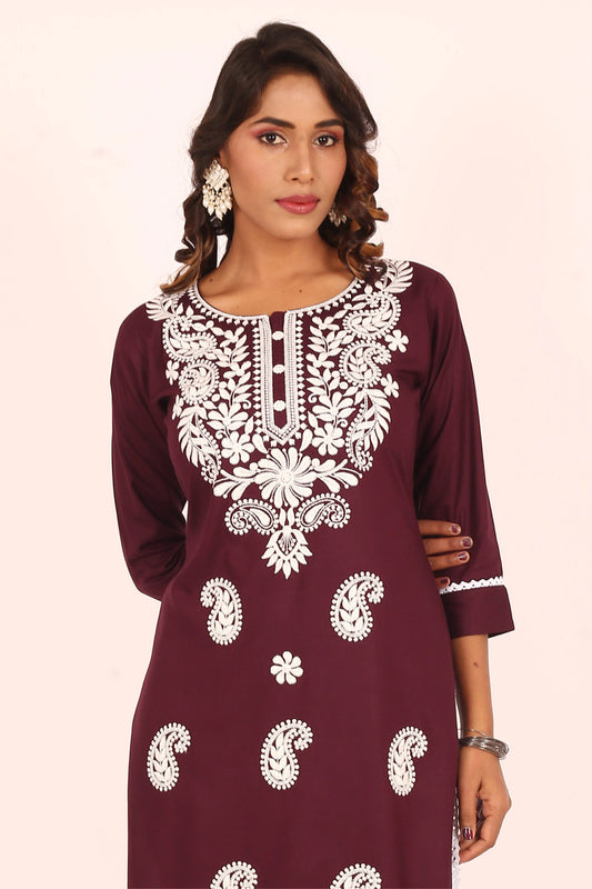 Wine Lucknowi Embroidered Kurta Set