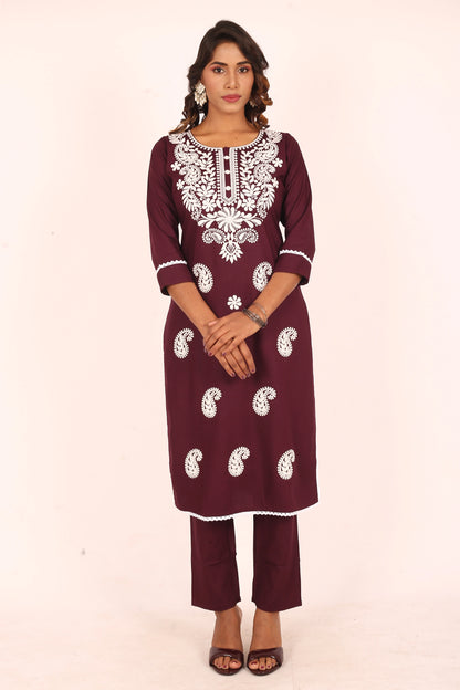 Wine Lucknowi Embroidered Kurta Set